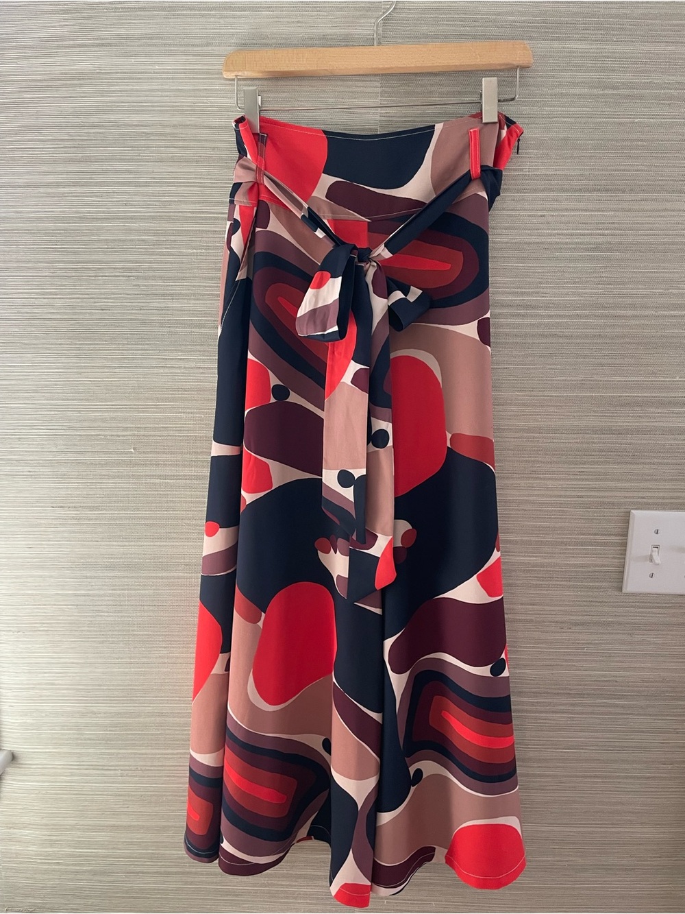 Zella Retro Abstract Midi Skirt in Red, Black & Taupe